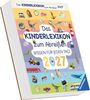 "Das Kinderlexikon zum Abreißen 2027" zeigt bunte Bilder von Tieren, Fahrzeugen und Objekten auf einem Buchcover.
