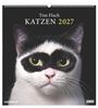 "Tim Flach KATZEN 2027" ist der Text. Eine Katze mit schwarz-weißem Fell, gelbe Augen und markantes Gesichts-Muster.