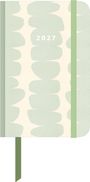 "2027" zentriert auf stilisiertem Notizbuch mit hellgrünem, organischem Muster und grünem Verschlussband.