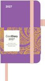 2027, CoolDiary, One week-to-view, Perfect for personal notes, Keepsake pocket. Lila Cover mit gelbem Muster.