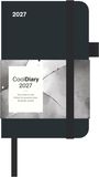 2027, CoolDiary 2027, One week-to-view, Perfect for personal notes, Keepsake pocket; dunkles Tagebuch mit grauem Band.