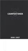 Text: "CAMPUSTIMER", "2026 | 2027". Dunkles, schlichtes Design mit subtilen grafischen Mustern im Hintergrund.
