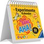 Text: "Der Experimente Kalender 2027", "Für Kids!", "BOOM BANG AHA!", "Mit 53 Experimenten", "Entdecken Probieren Forschen". Illustration: Katze im Laborkittel.