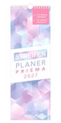 „Mit Ferienterminen, mit Jahresübersicht.“ Pastellfarbenes Muster mit „Streifen Planer Prisma 2027“ Text.