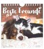 Oben steht „Beste Freunde“, unten „2024“. Eine Katze liegt liebevoll auf einem Hund auf einer Decke.