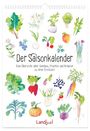 Text: „Der Saisonkalender. Eine Übersicht über Gemüse, Früchte und Kräuter zu ihrer Erntezeit.” Verschiedene Wasserfarben-Illustrationen von Gemüse und Früchten. Darunter „Landlust”.
