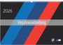 Text: "2026", "Vorjahresabbildung". Illustration mit schwarzen, blauen und roten diagonalen Streifen, BMW-Logo.