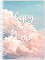 "Enjoy every moment" und "2027" auf rosa Wolkenhintergrund mit blauen Himmel voller Vögel. Spiralbindung an der Seite.
