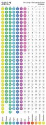 Kalender 2027, Titel "Der Lange 'Springende Punkt'", farbige Kreise für Monate und Zahlen, Wochentage unten.