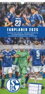 Texte: "Fanplaner 2026", "Vorjahresabbildung", "Fanplaner mit 4 Spalten", "Spielplan Schalke 04". Fußballspieler jubeln.