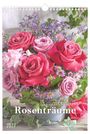"Rosenträume 2027". Rosa und rote Rosen in einem Strauß mit lila Blumen, auf einem Holztisch arrangiert.