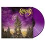 Text: "Abyssus", "The Reign". Illustration: Turm vor violettem Himmel mit wirbelnden Wolken, violette Vinyl-Schallplatte.