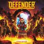 "DEFENDER" oben, "TITANS OF FIRE" unten. Flammenumhüllte, feurige Kreaturen, sitzend in einer feurigen Umgebung.