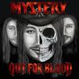 "MYSTERY" oben, "OUT FOR BLOOD" unten. Illustration: drei Gesichter, das mittlere halb Skelett, halb Mensch.