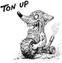 Oben links steht "TON UP". Eine Cartoon-Kreatur mit spitzen Zähnen und Blasenhaut fährt auf einem dicken Reifen, der raucht.