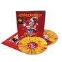 Künstlername und Albumtitel auf rotem Cover, darunter bunter Harlekin. Gelb-rote Vinyl-LP daneben mit gleichem Motiv.