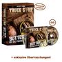 Aufschrift: "LIMITIERTE FANBOX TRUCK STOP BUTTER BEI DIE FISCHE". CD und Schachtel mit Brotscheibe und Fischdose.