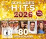 "SCHLAGER HITS 2026", "UNSERE BESTEN LIEDER DES JAHRES", "80 MEGA-SCHLAGER", "3CDs + 1DVD", Fünf Porträts von Künstlern.