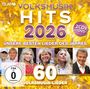 "Volksmusik Hits 2026", "Unsere besten Lieder des Jahres", 60 Lieder. Fotos von sechs Künstlern auf goldenem Hintergrund.