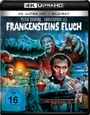 "FRANKENSTEINS FLUCH" oben. Zentrale Figur in rotem Licht, Monster mit ausgebreiteten Armen, Frau mit Lampe und Skelett.