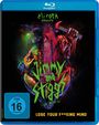 "Elirath presents Jimmy and Stiggs" in greller Schrift, rotes Feuer, Kettensäge, gehobener Hammer, FSK 16 Logo.