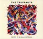 "The Truffauts" und "Never in a Million Years" oben und unten. Buntes, abstraktes Muster aus Linien und Wellen.