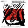 Oben: JOHN PATRICK THOMAS. Unten: PASCAL SCHWEREN AND ROGER HOLMES, PIANOS. Schwarze Kritzeleien auf rotem Hintergrund.