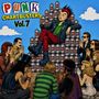 Text: "PUNK CHARTBUSTERS Vol. 7" und "PUNK BEER" auf Dosen. Illustration: Punk mit rotem Irokesenschnitt sitzt auf Dosenthron, umgeben von knienden Rockstars.