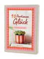 "10 Portionen Glück" in roter Schrift, darunter "Postkarten-Set". Ein roter Topf mit Sukkulente auf Büchern.