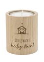 Text: "STILLE NACHT heilige Nacht". Eine Illustration einer Krippe auf einem hölzernen Kerzenhalter.