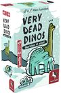 "VERY DEAD DINOS. Überleben ist alles! Marc Larivière." Ein grüner Dinosaurier in Schnee, rote Details und Logo unten rechts.