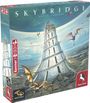 „SKYBRIDGE“. Rieneck / Vohwinkel. Illustration eines gewundenen Turms mit fliegenden Drachen. Pegasus Spiele Logo.