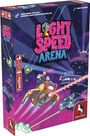 "LIGHTSPEED ARENA" steht in großen Buchstaben. Illustration eines Weltraumrennens mit Raumschiffen und Laserwaffen.