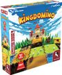 KINGDOMINO, Spiel des Jahres 2017. Illustration: Burg, Landschaft mit Schafen und Bäumen, Pegasus-Spiele-Logo.