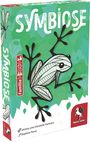 "SYMBIOSE" in großer Schrift, darunter eine stilisierte schwarz-weiße Froschillustration mit grünen Blättern.