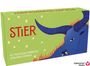 "STIER", "40 magische Messages von den Sternen". Illustration eines blauen Stiers mit langen Hörnern auf grünem Hintergrund.