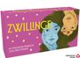 Zwillinge - 40 magische Messages von den Sternen. Illustration von zwei Gesichtern auf rosa Hintergrund mit Sternen.