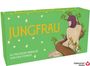 "JUNGFRAU", "40 Magische Messages von den Sternen". Illustrative Frau mit Baum, grüner Hintergrund, gelbe Sterne.