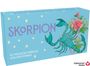 „Skorpion“, „40 magische Messages von den Sternen“. Illustration eines Skorpions mit Blüten auf blauem Hintergrund.