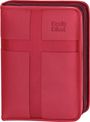 „Basis Bibel“ steht auf einem roten Einband mit einem großen, eingeprägten Kreuz und Reißverschluss.