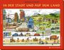 "IN DER STADT UND AUF DEM LAND" ist ein farbenfrohes Puzzle mit städtischen und ländlichen Szenen, Gebäuden und Fahrzeugen.