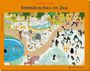 "Erdmännchen im Zoo, Stefanie Jeschke. Rahmenpuzzle 48 Teile." Illustrationen von Tieren und Menschen in einem Zoo.