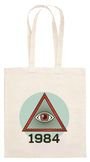 „1984“ unter einem Auge in einem roten Dreieck auf hellgrünem Kreis. Eine Einkaufstasche.