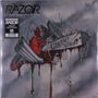 Logo-Text: "RAZOR". Text auf Motorsäge: "VIOLENT RESTITUTION". Eine blutige Motorsäge schneidet durch metallische Objekte.