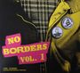 „NO BORDERS VOL. 1“ in gelber Schrift auf pinkem Hintergrund, zwei Buttons mit Logos auf einer gelben Jacke.