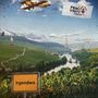 Das Bild ist eine surreale Landschaft-Collage mit dem Text "Irgendwo" auf einem Straßenschild und verschiedenen Sehenswürdigkeiten.