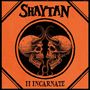 „SHAYTAN“, „II INCARNATE“; zwei Totenschädel mit Hörnern und Schlangen auf orangem Hintergrund.
