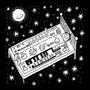 „TB 303, BASS“ steht auf einem stilisierten Synthesizer, der als Bett dient. Ein lächelnder Mond und Sterne umgeben ihn.