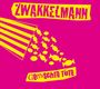 ZWAKKELMANN und Gemischte Tüte in gelber Schrift auf pinkem Hintergrund, eine gezeichnete Tüte mit Süßigkeiten.