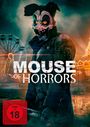 "MO– USE OF HORRORS", FSK 18. Eine Gestalt mit bedrohlicher Maske, strahlende Augen, düstere Kirmes im Hintergrund.